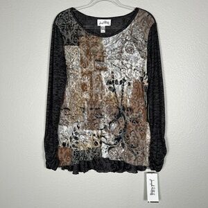 Joseph Ribkoff size 14 long sleeve top burnout gray brown art to wear semi sheer